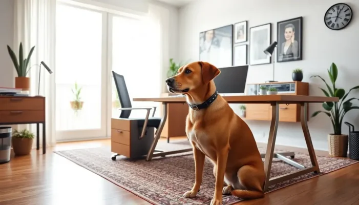 A home office featuring advanced AI technology and a content dog by the desk.