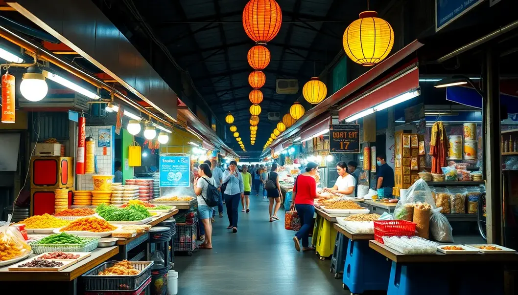 The lively scene of a Bangkok street food market filled with aromatic dishes.
