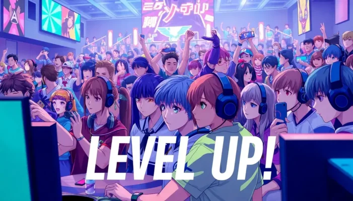 Esports players and anime fans together in a vibrant competitive event setting.