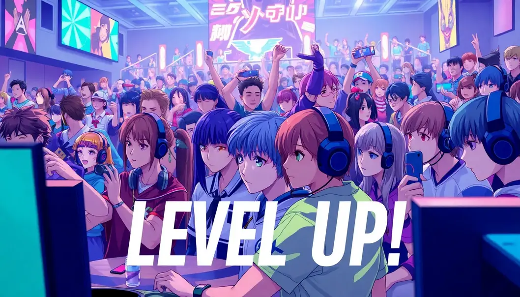 Esports players and anime fans together in a vibrant competitive event setting.