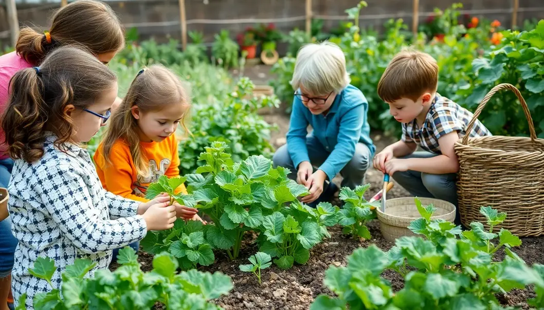 A family enjoying a mindful gardening session surrounded by nature.