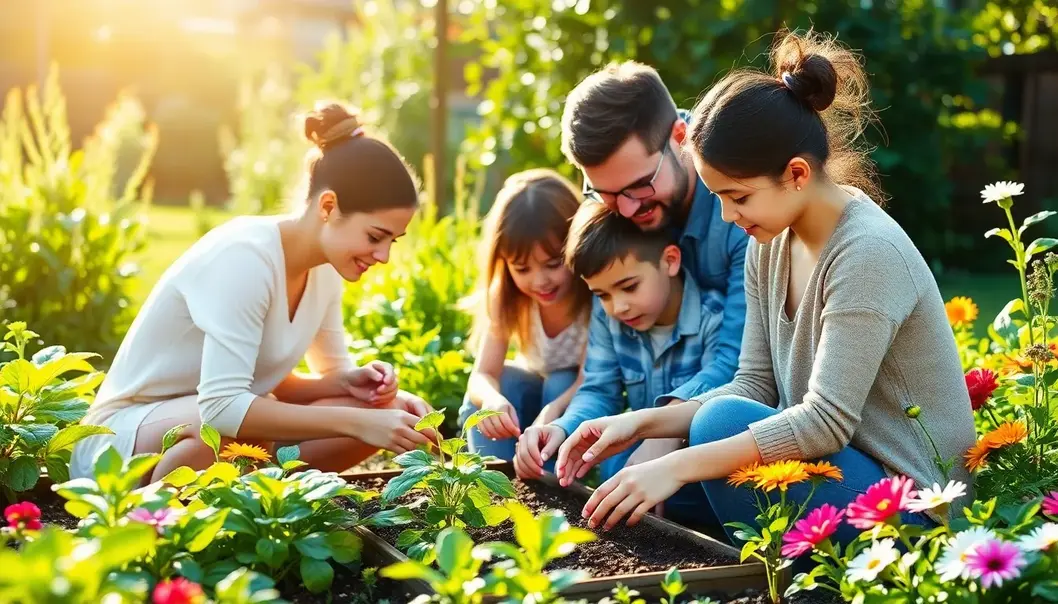 A family enjoying a mindful gardening session surrounded by nature.