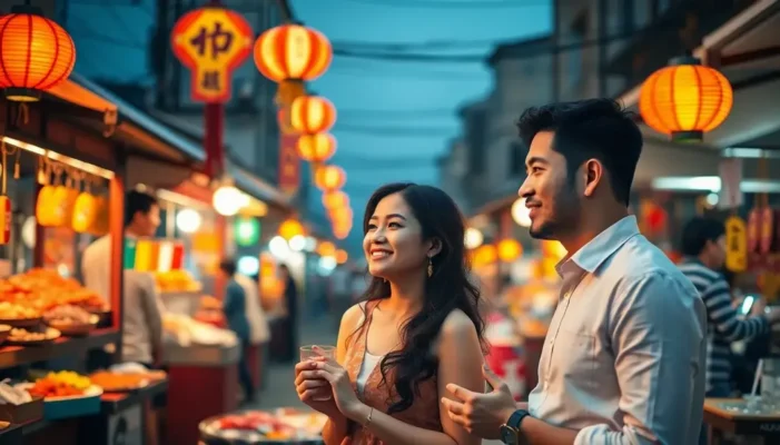 Newlyweds savoring street food in an Asian market with warm lights and vibrant surroundings.