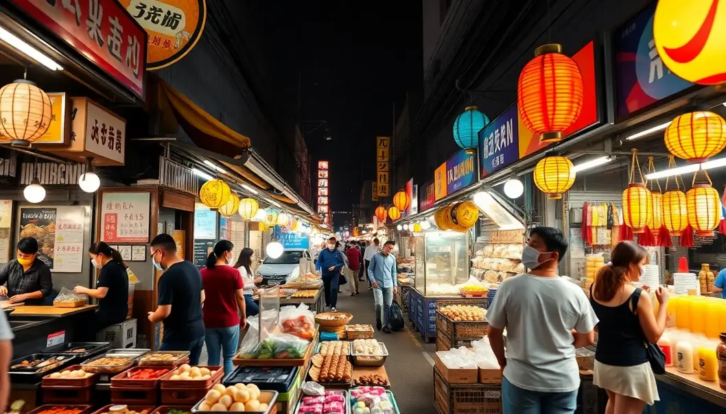 The lively scene of a Bangkok street food market filled with aromatic dishes.