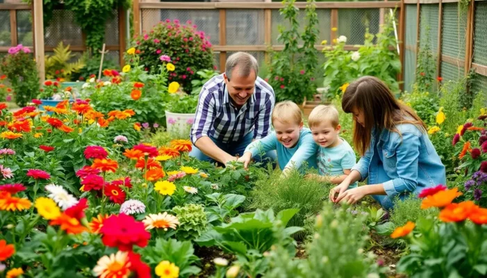 A family in a garden filled with flowers and vegetables, enjoying gardening.