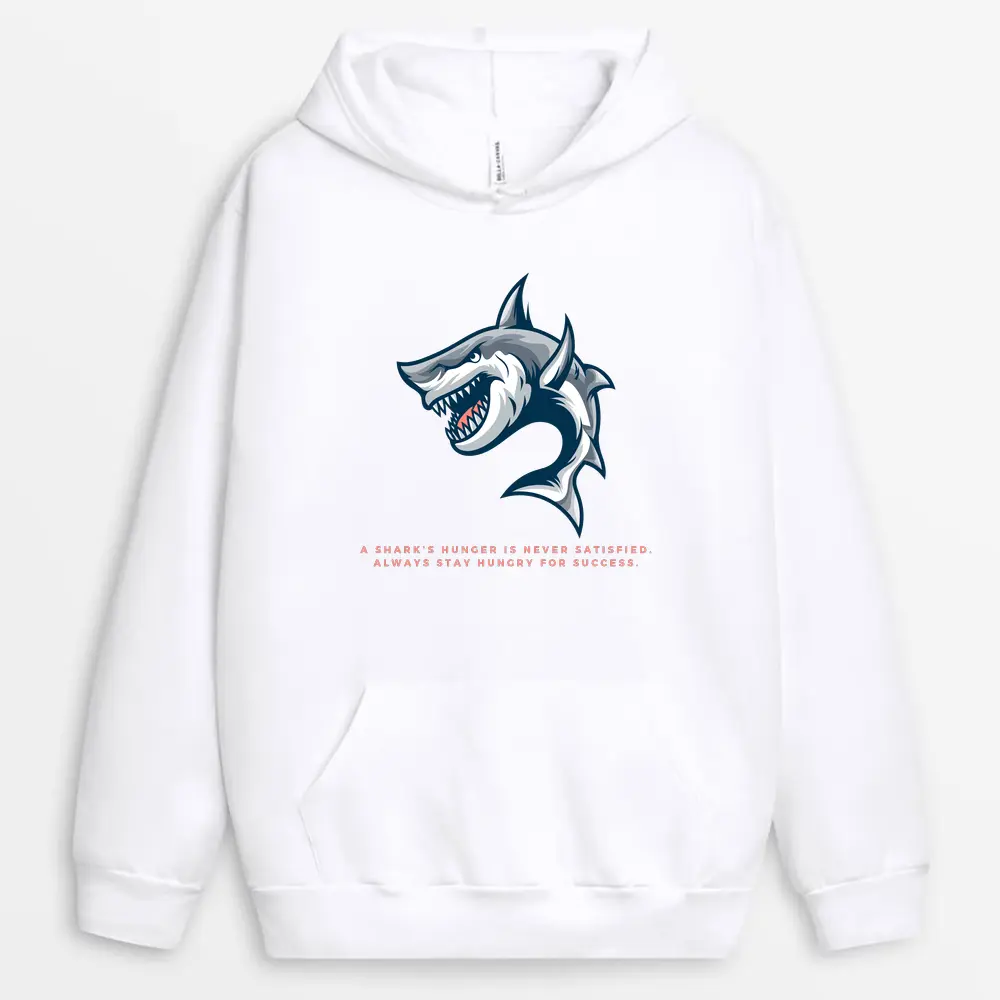 White hoodie featuring subtle "Stay Hungry" print, symbolizing inner drive