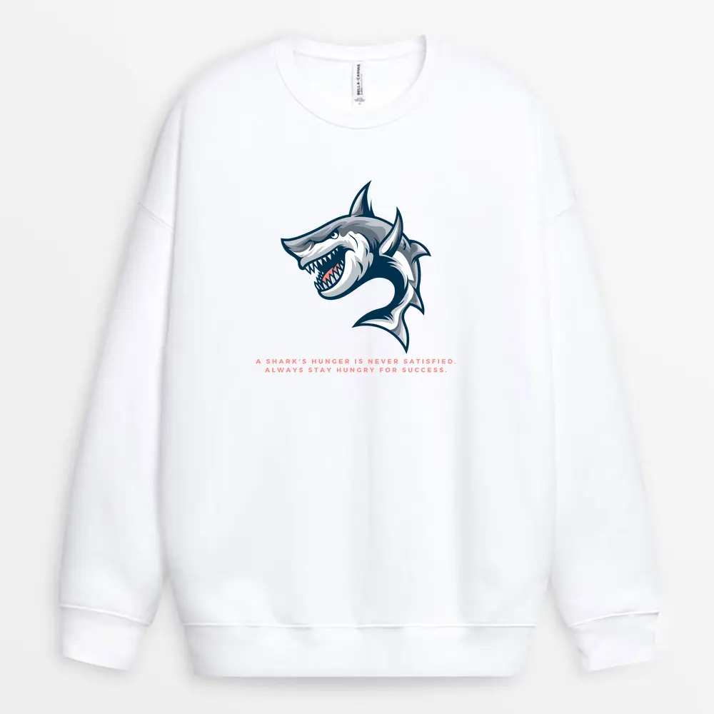 Soft white sweatshirt with calm ocean-style "Stay Hungry" message across chest