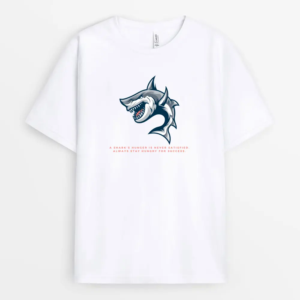 White t-shirt with bold "Stay Hungry" quote inspired by shark discipline