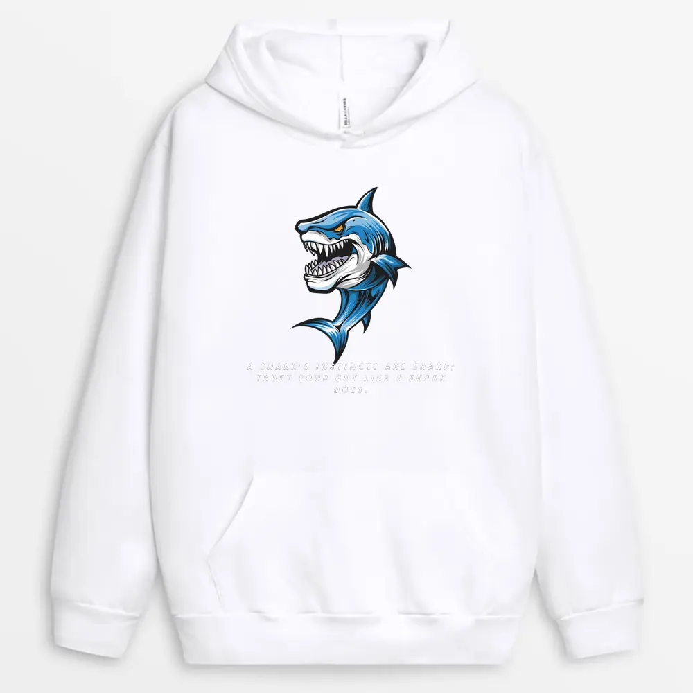White hoodie with "Trust Your Gut" design, inspired by shark intuition