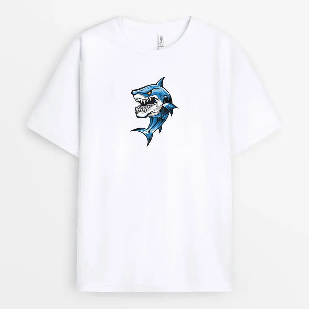 Minimalist white tee with precise shark-themed "Sharp Instinct" print