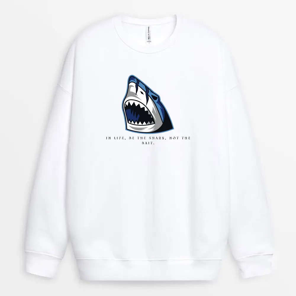White sweatshirt with side-seam quote design, evoking silent command and presence