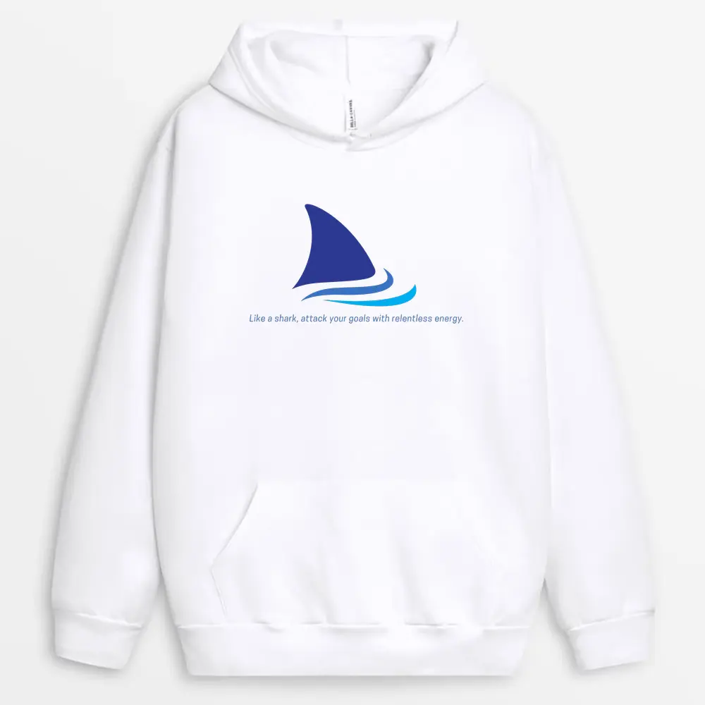 White hoodie with dynamic print reflecting constant forward shark motion