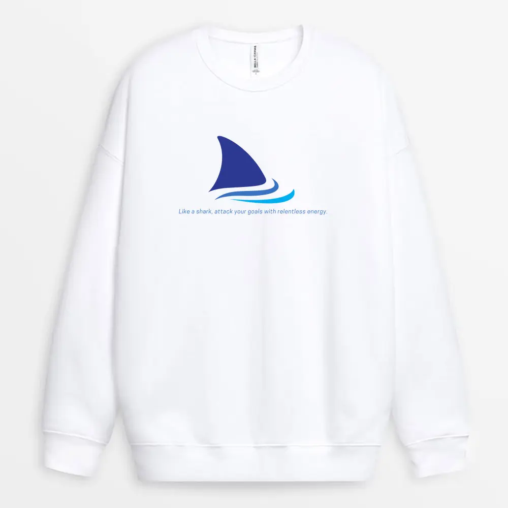 White sweatshirt with focused "Shark Mode" graphic, designed for deep concentration