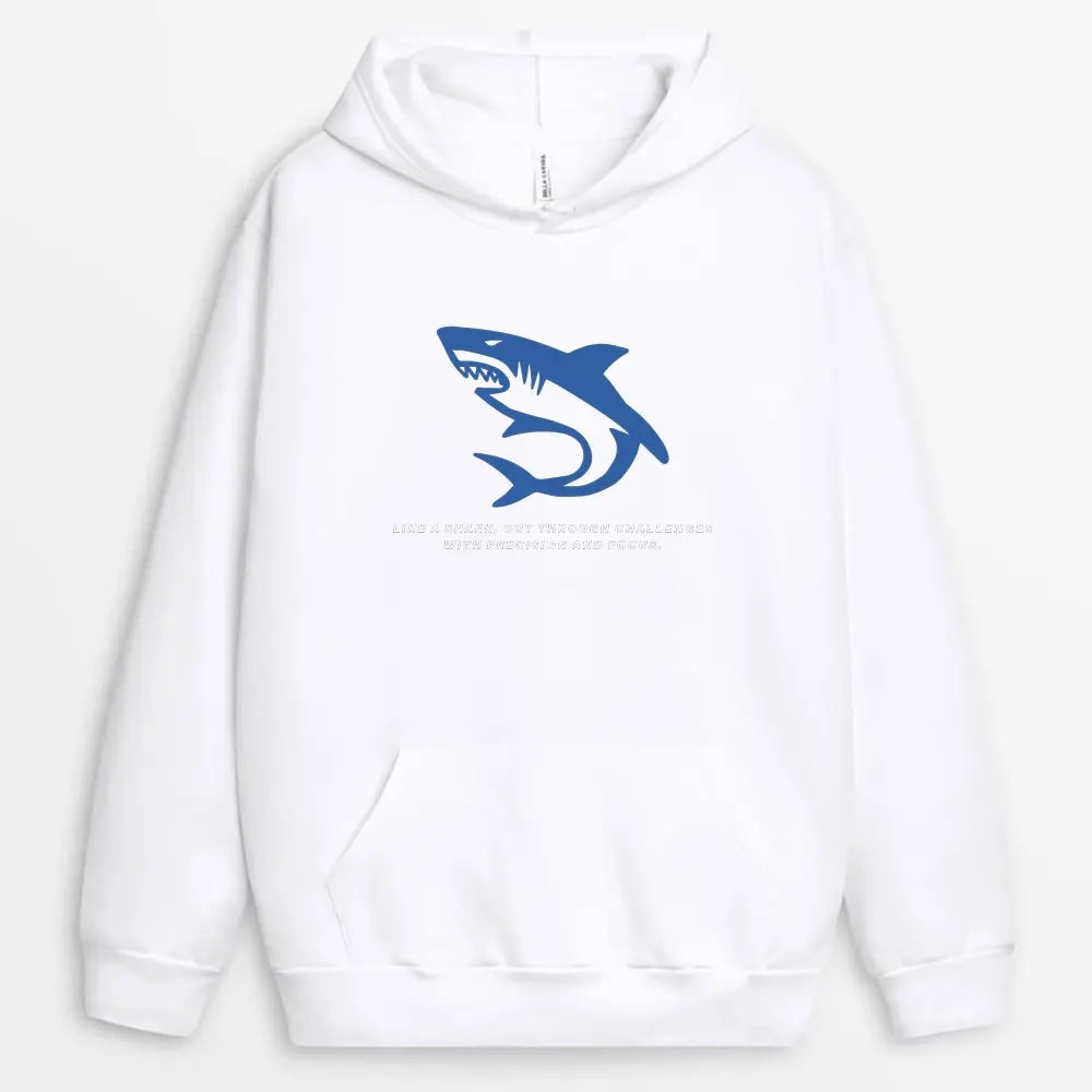 White hoodie with sleek shark-inspired graphic and challenge-slicing message