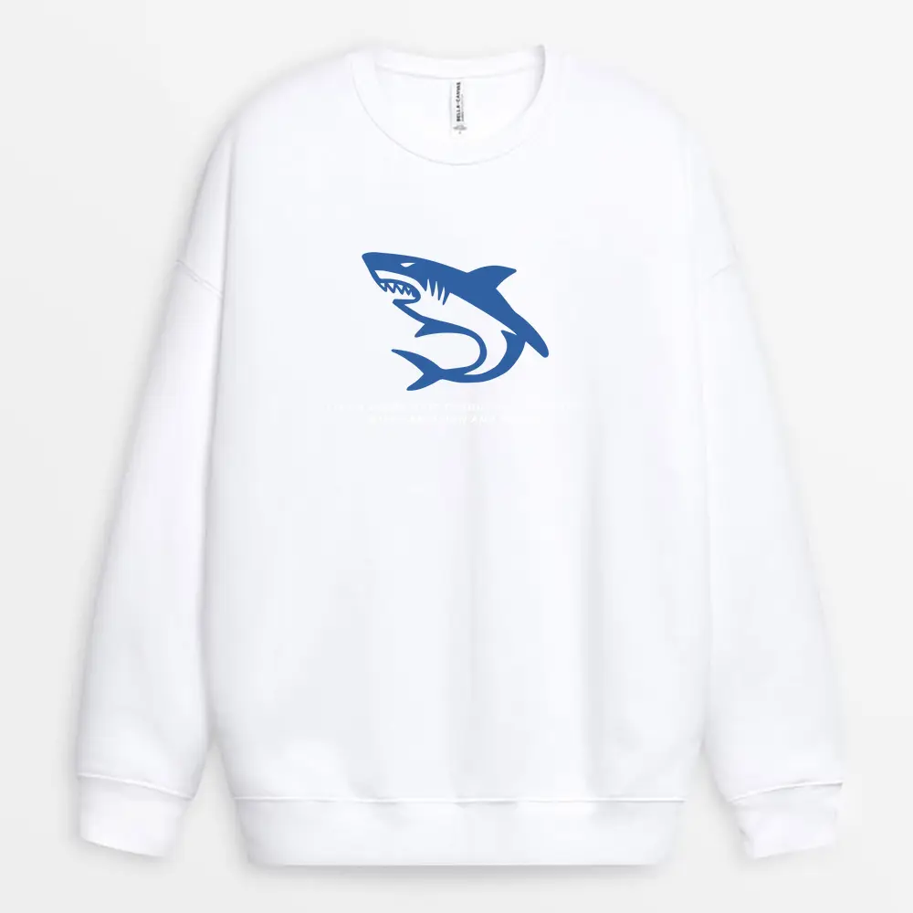 Minimal white sweatshirt with offset text, echoing refined shark discipline